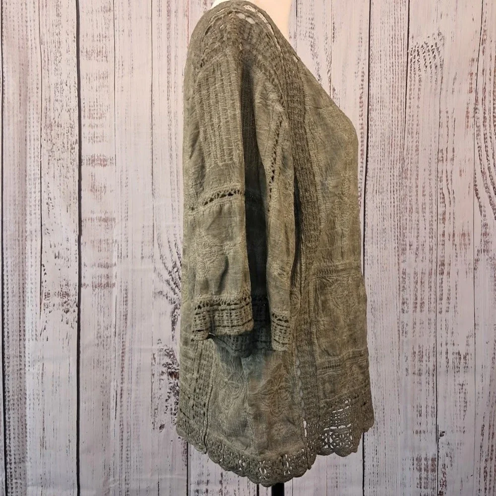 DEMOCRACY S Sage Green Mineral Wash Embroidered Smock‎ Top Boho Hippie Funky